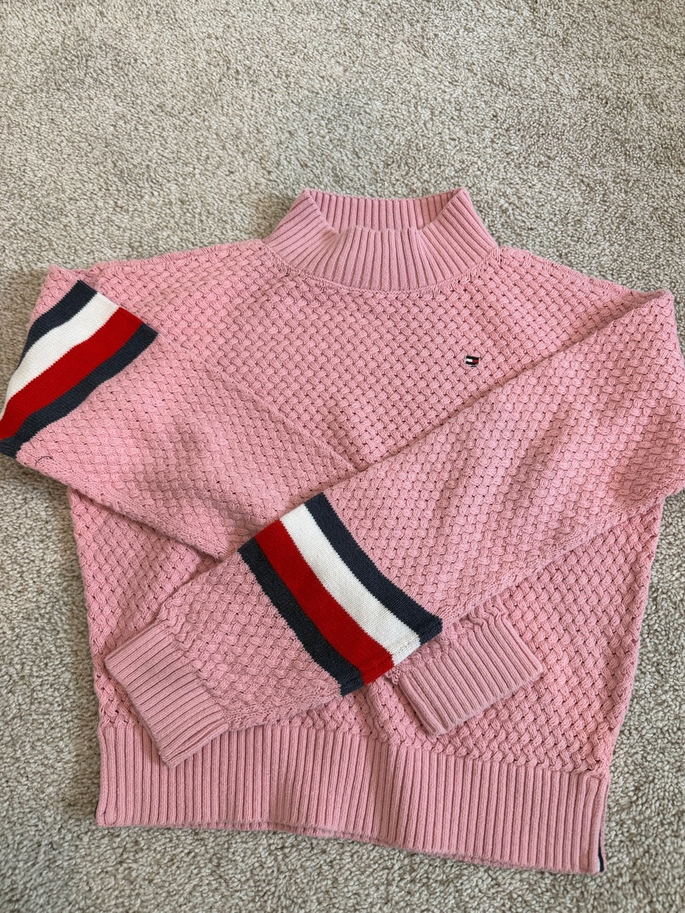 Tommy Hilfiger Pink Mock Neck Cable Knit Sweater with Stripe Cuffs
